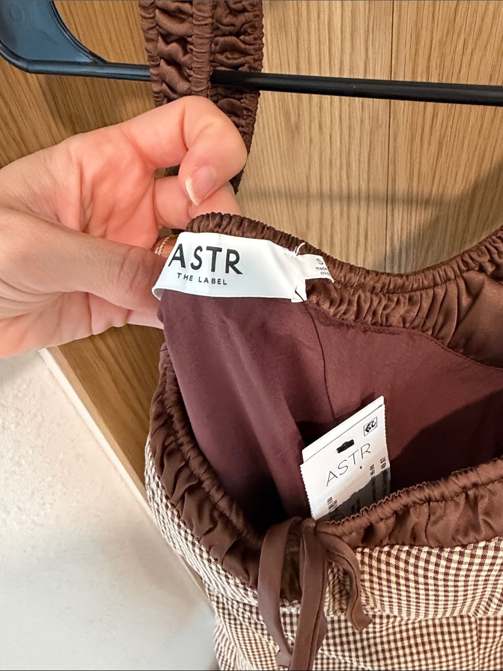 Astr Brown Checked Slip Dress with Ruched Straps & Pleated Hem - Picture 4 of 6
